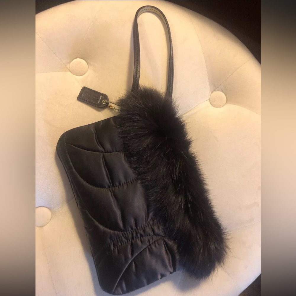 NWT Coach Rabbit Fur Trimmed Quilted Ski Wristlet Dark Brown